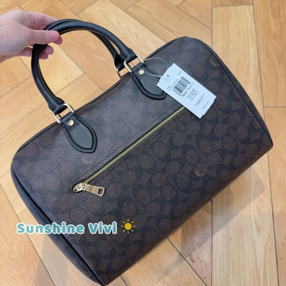 NWT Coach Rowan Large Satchel Bag In Signature Canvas CV959 Gold/Walnut /Black - Picture 8 of 9